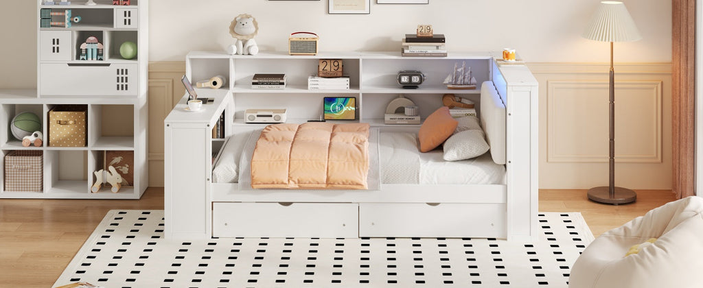 Wood Twin Size Platform Bed with Storage Shelves, Drawers, and LED