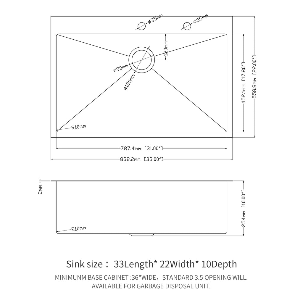 33" Single Bowl Drop In Kitchen Sink - 16 Gauge Stainless Steel