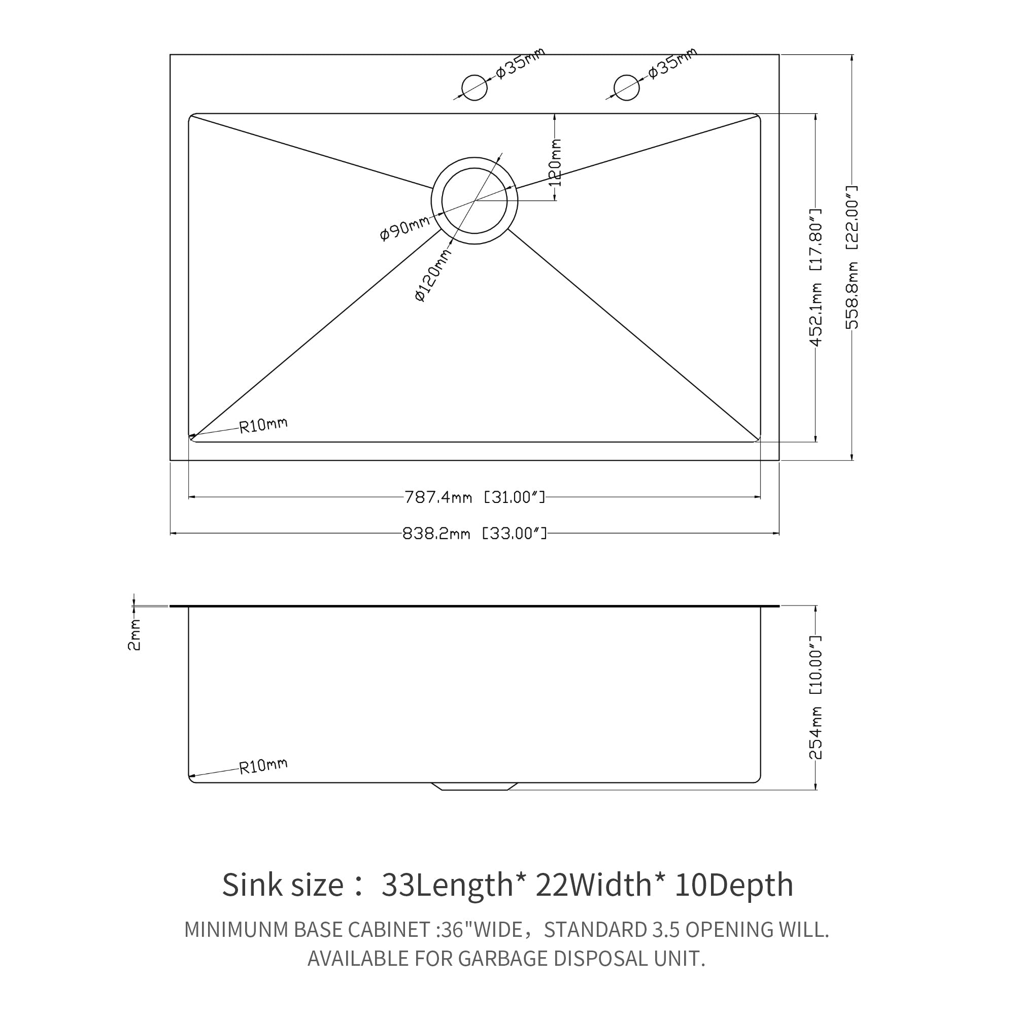 33" Single Bowl Drop In Kitchen Sink - 16 Gauge Stainless Steel