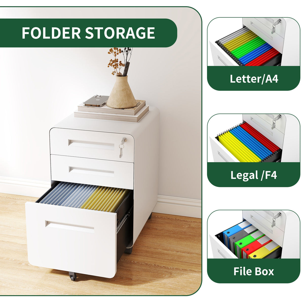 3-Drawer Wide Mobile File Cabinet with Lock