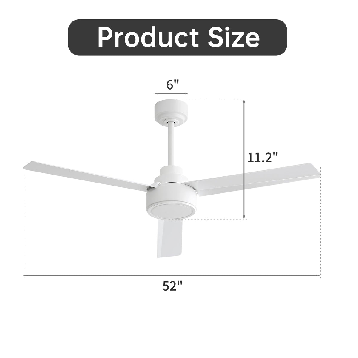 52" Ceiling Fan Without Light, 3 ABS Blades with Remote Control