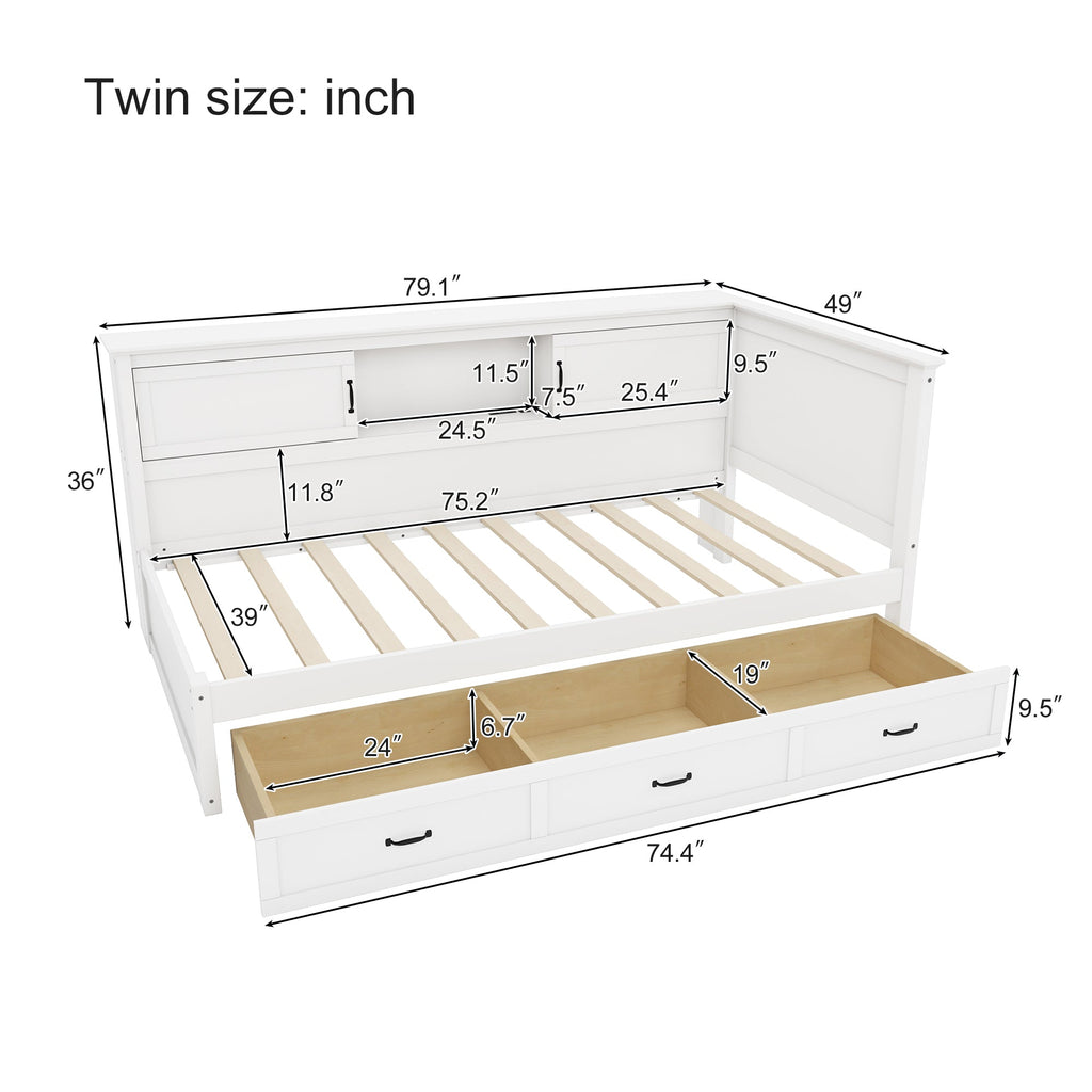 L-Shaped Bed Frame with Drawer and Bookcase