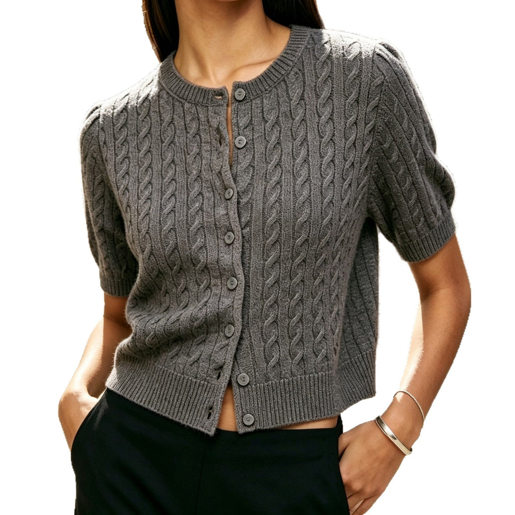 2026 Amazon Fall Wool Short Sleeve Knit Cardigan Solid Color Round Neck Medium Sleeve Cable Knit Button-Up Sweater Women's Jacket