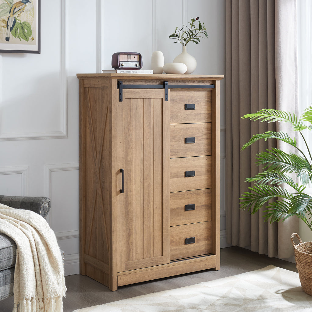 Farmhouse Modern 5 Drawer Dresser with Sliding Barn Door