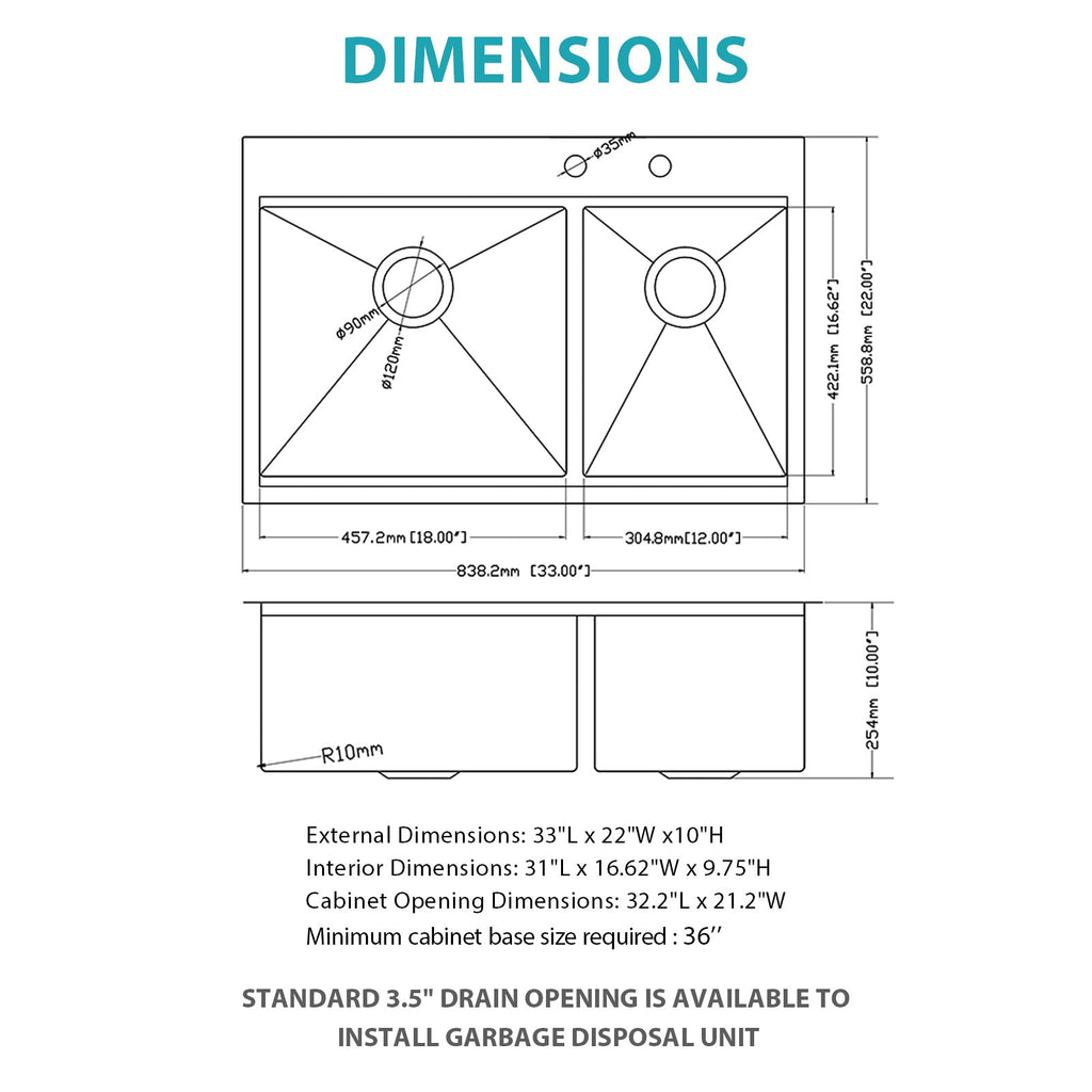 Topmount Drop In Kitchen Sink - 33" x 22" Double Bowl (60/40)
