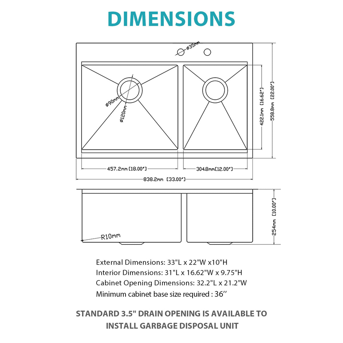 Topmount Drop In Kitchen Sink - 33" x 22" Double Bowl (60/40)