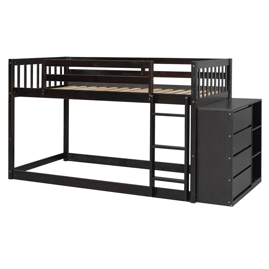 Twin Over Twin Bunk Bed with 4 Drawers and 3 Shelves - Espresso
