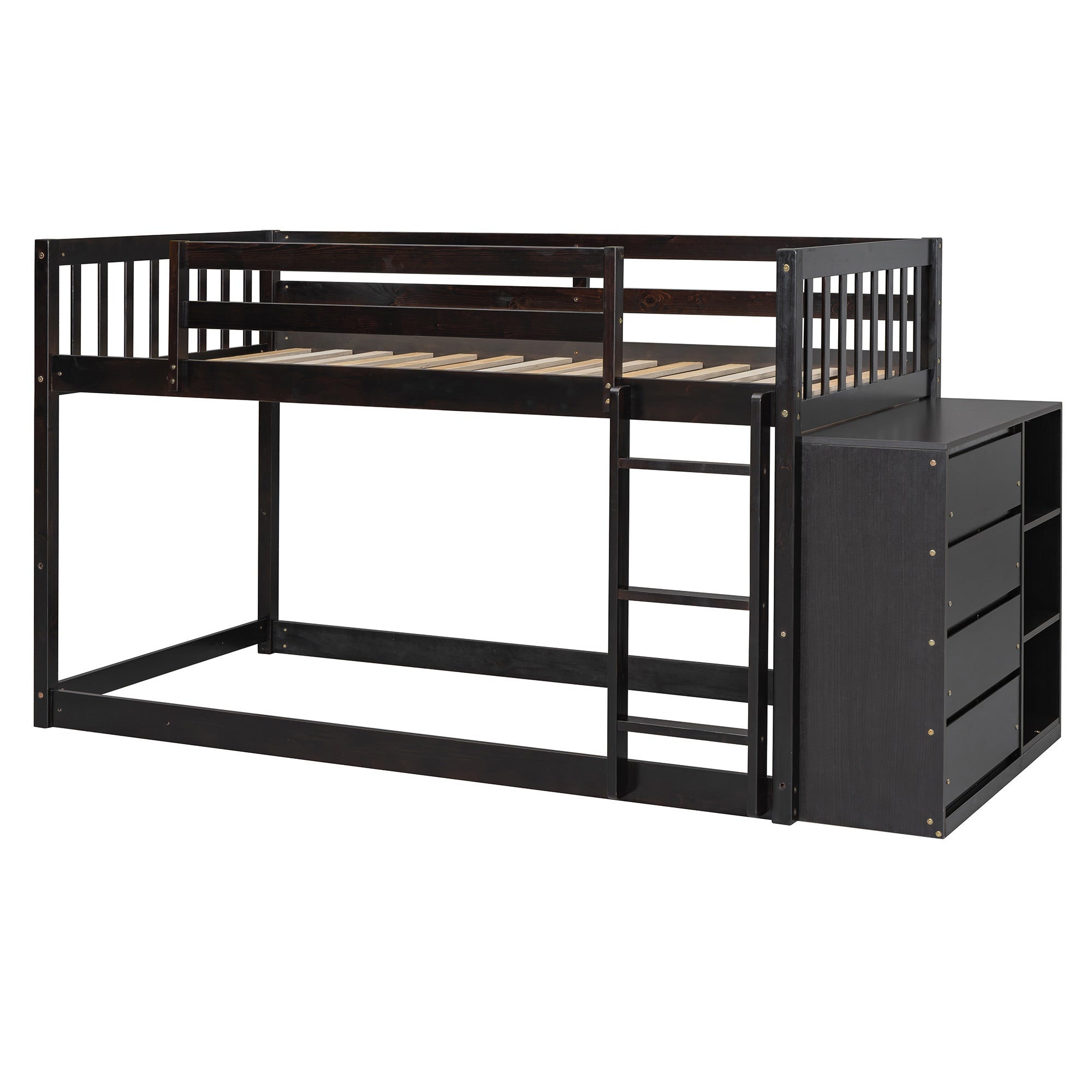 Twin Over Twin Bunk Bed with 4 Drawers and 3 Shelves - Espresso