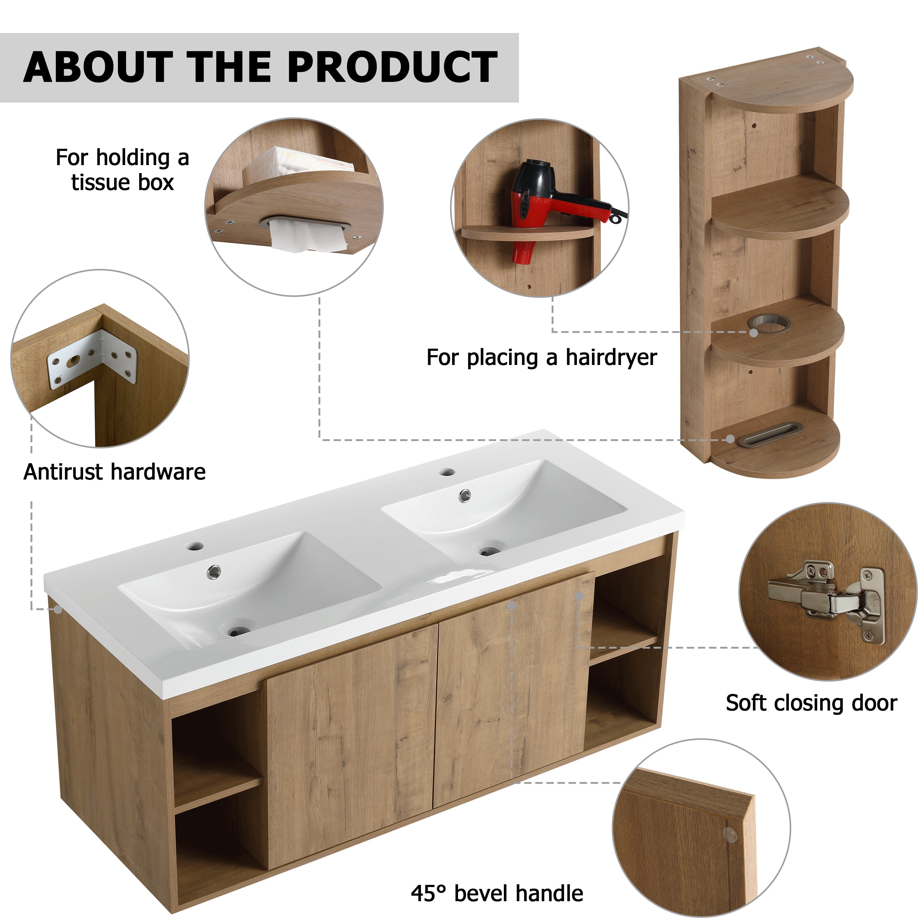 48" Wall-Mounted Bathroom Vanity With Double Sink and Storage Rack