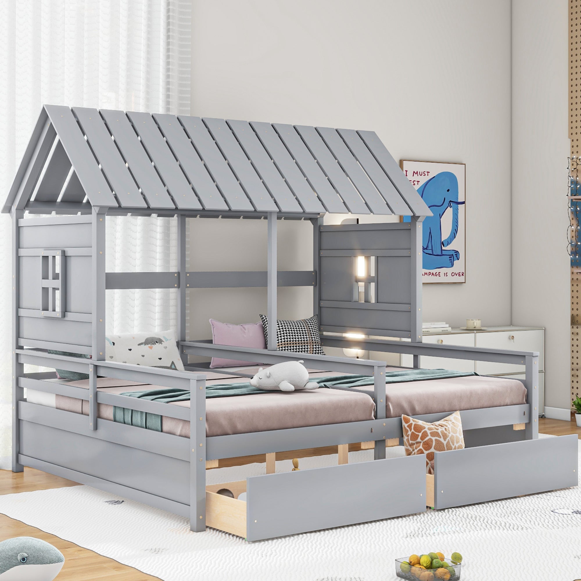 Twin Size House Platform Beds with Storage Drawers