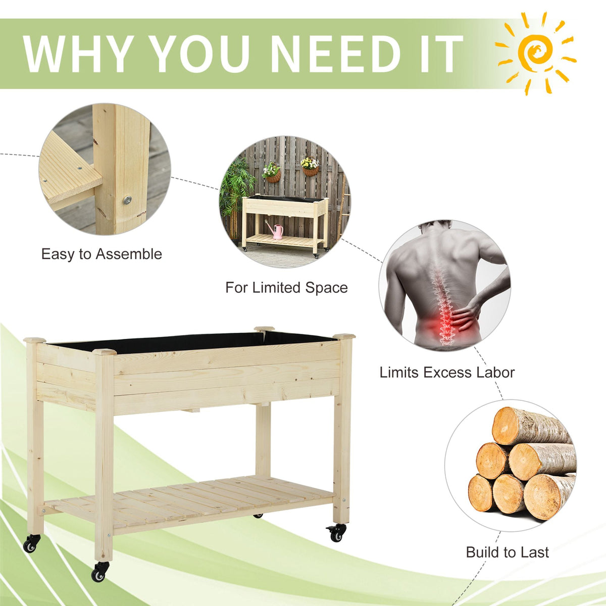 Outsunny Raised Garden Bed with Lockable Wheels