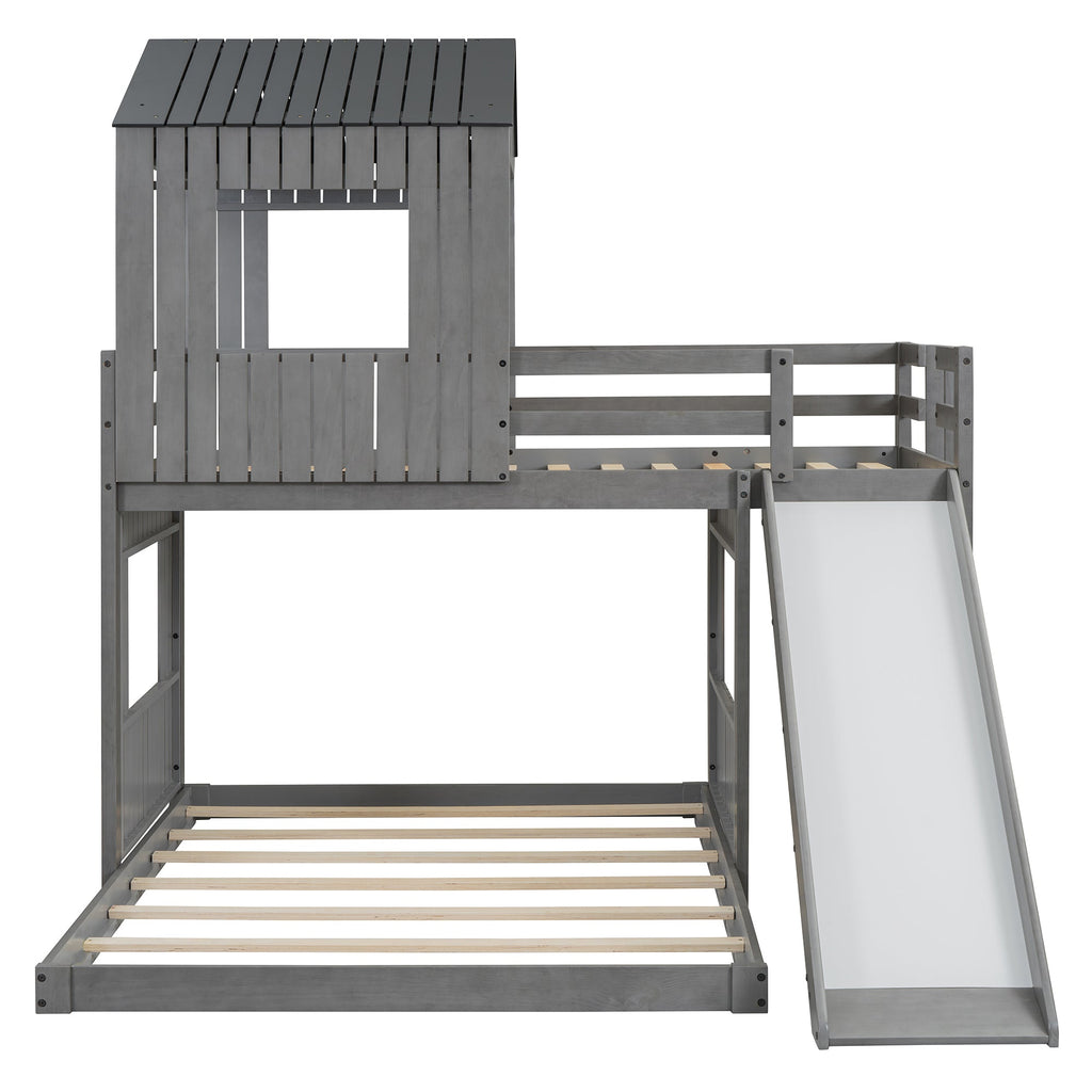 Wooden Twin Over Full Bunk Bed with Playhouse