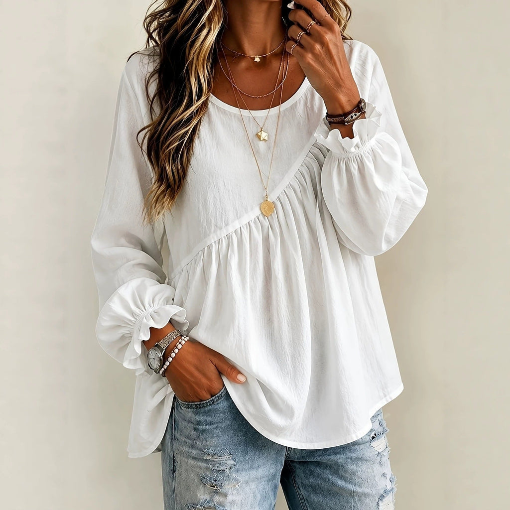 2026 New Cross-Border European And American Style Women's Solid Color Round Neck Long Sleeve Ruched Shirt Top, Casual Versatile Loose Fit