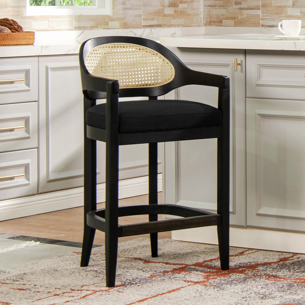 Americana Mid-Century Modern Cane Back Bar Stool in Jet