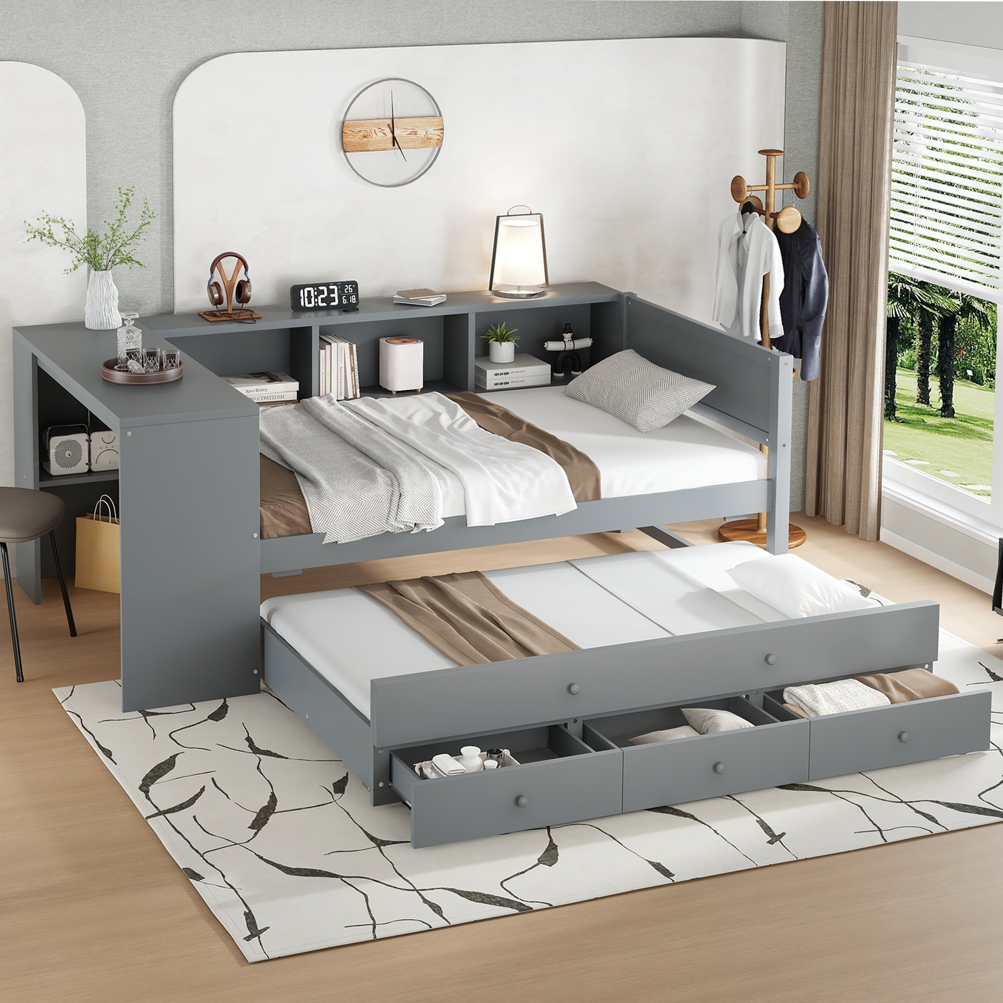 Twin Size Daybed with Trundle, Wood Frame and Storage