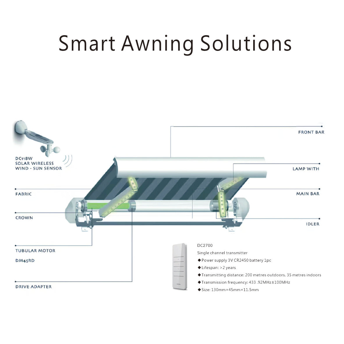 D8200 Smart Retractable Awning 2-6m  &1.5-3.5m  Heavy Duty Motorized Patio Canopy With Remote WindRain Sensors  LED Light Arm