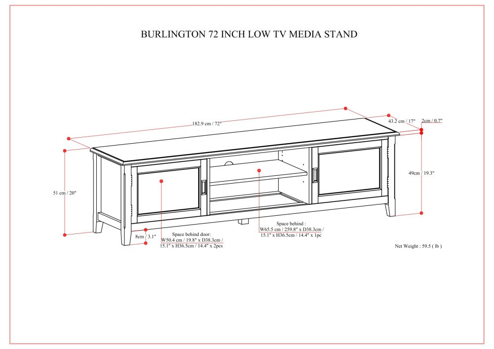 Burlington 72 Inch Wide Solid Wood Low TV Stand in Mahogany