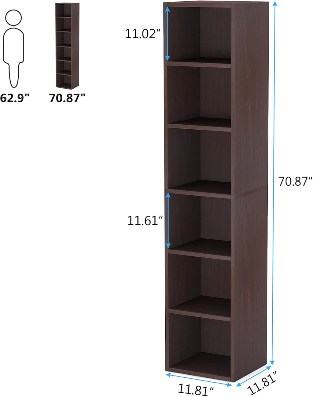 70.9" Cherry 6-Tier Narrow Corner Cube Bookcase
