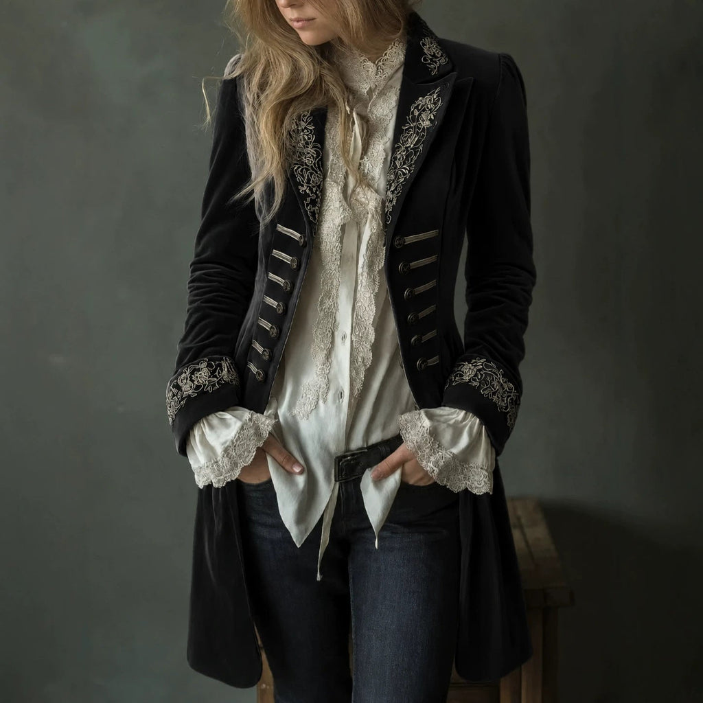 Womens Long-sleeve Solid-color Patchwork Lace Gold-velvet Coat