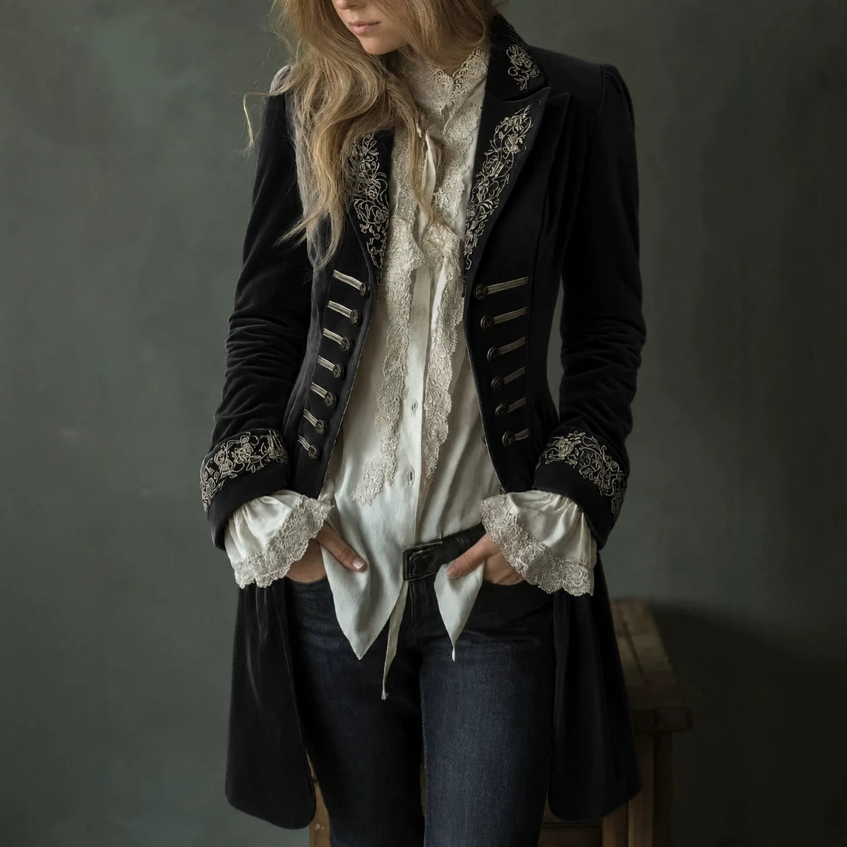 Womens Long-sleeve Solid-color Patchwork Lace Gold-velvet Coat