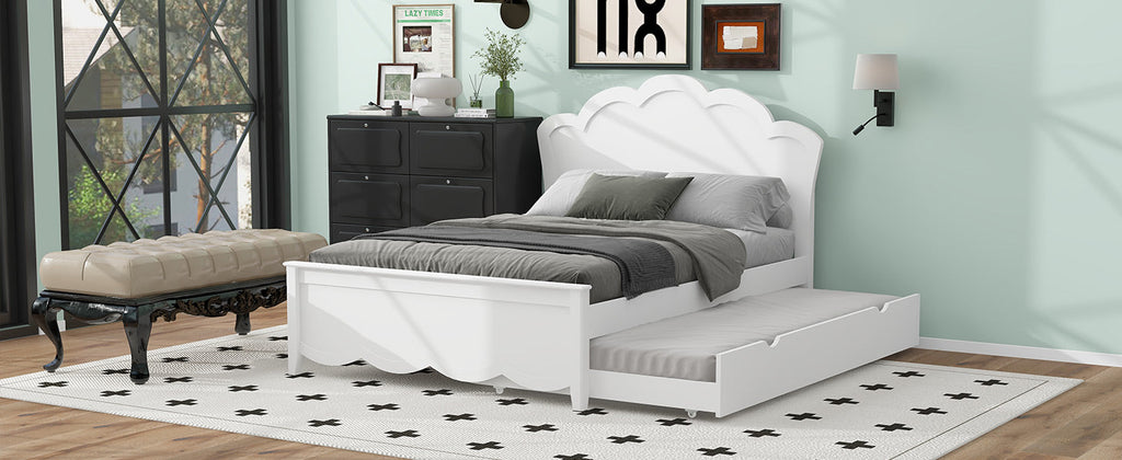 Full Size Wood Platform Bed with Headboard and Twin Size Trundle