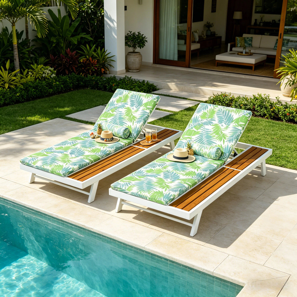 White Iron + Teak Finish Outdoor Chaise Lounge Set