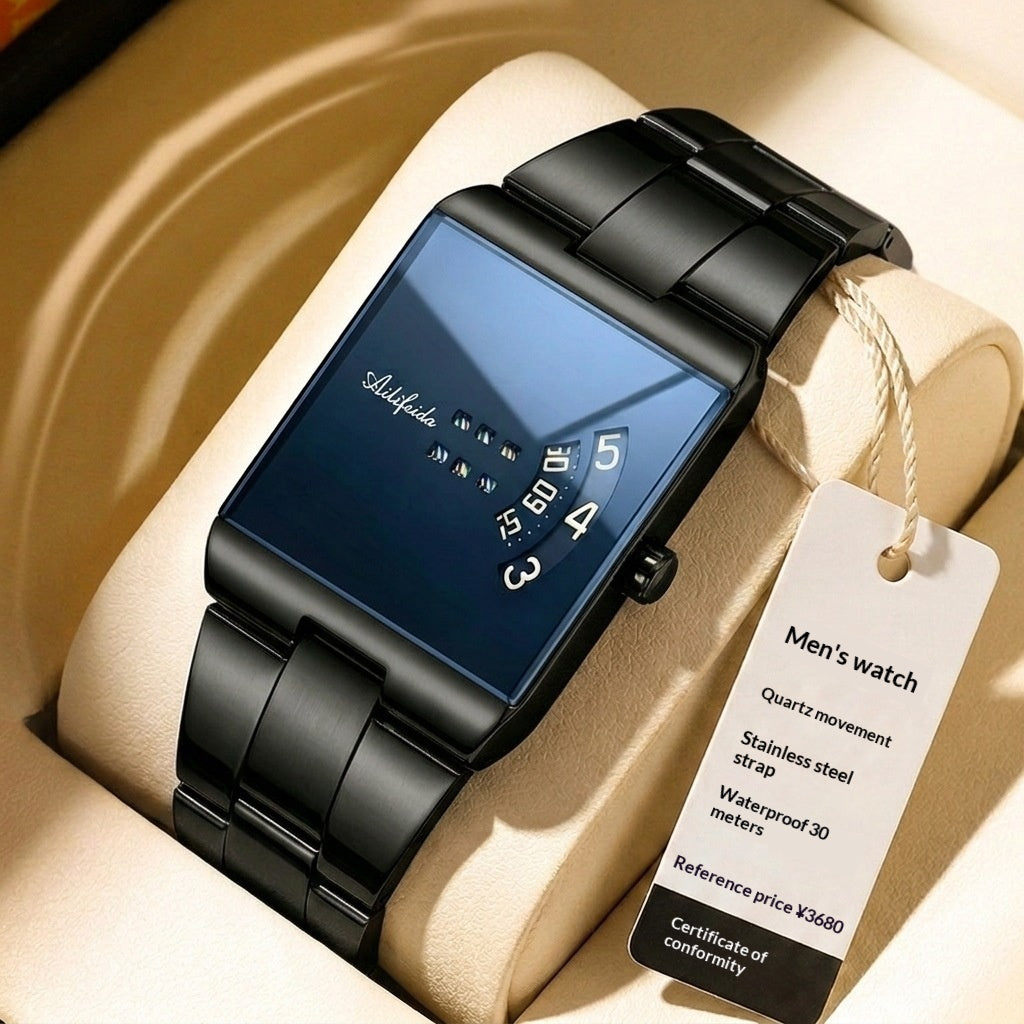 Square Quartz Waterproof Steel-band Luxury Mens Wristwatch