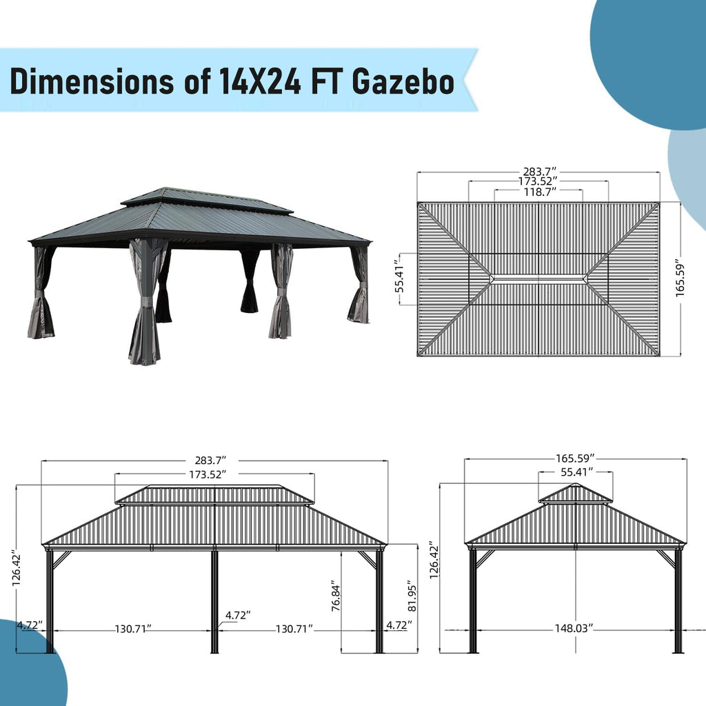 14x24FT Hardtop Gazebo with Galvanized Steel Double Roof