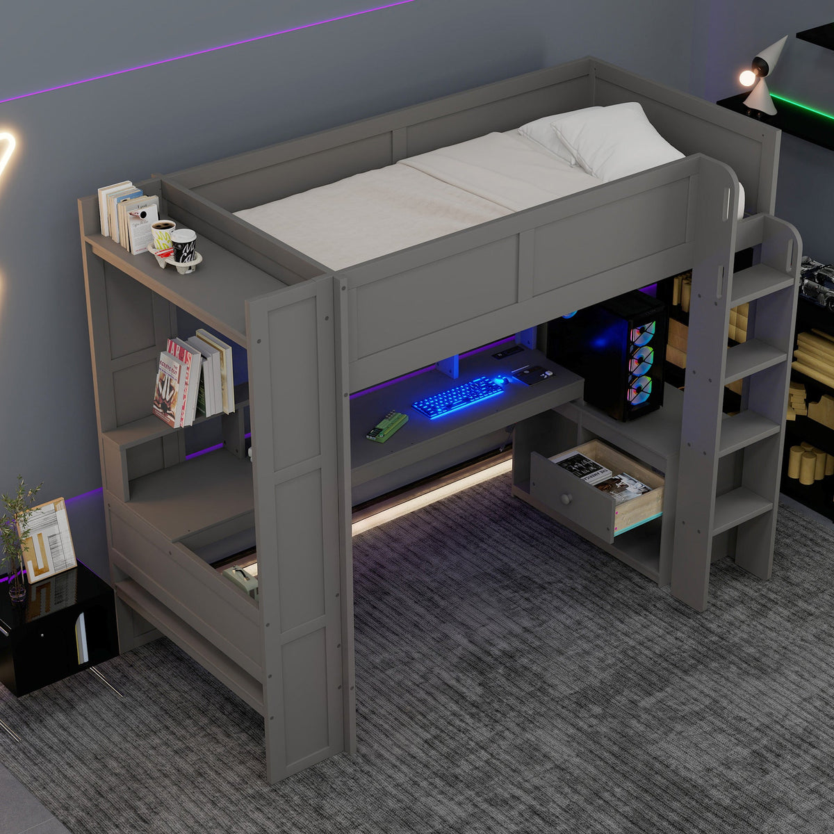 Wood Twin Size Gaming Loft Bed with Desk, Multi-storage Shelves, LED and Charging Station