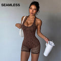 New Cross-border Product Leopard Print One-piece Yoga Outfit For Women, Halter Neck, Backless, Butt-lifting Shorts, Integrated Sports And Fitness Jumpsuit