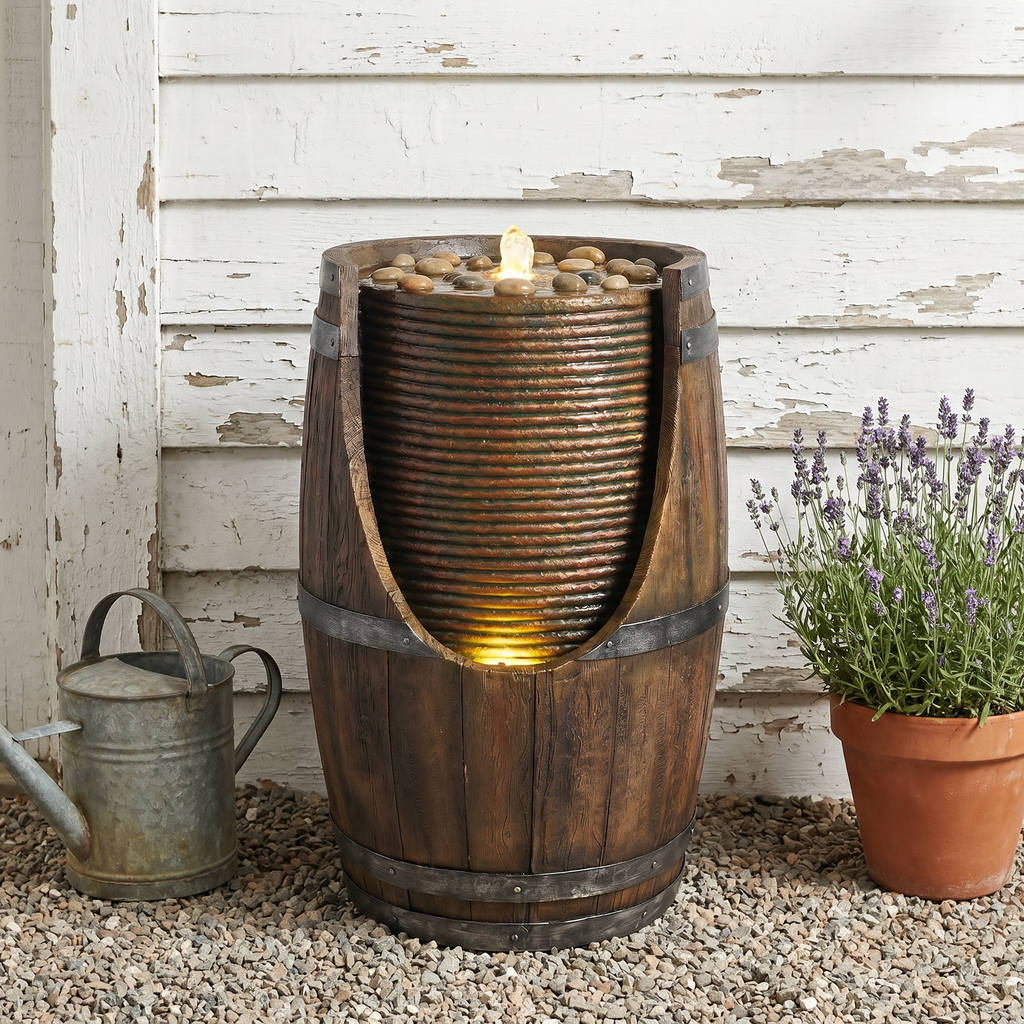 Outdoor Barrel Water Fountain with Lights