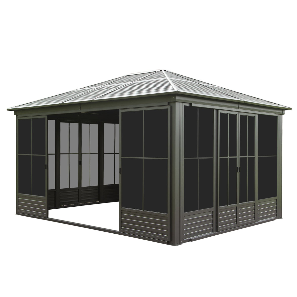 12x14FT Outdoor Sunroom, Galvanized Steel Hardtop Gazebo