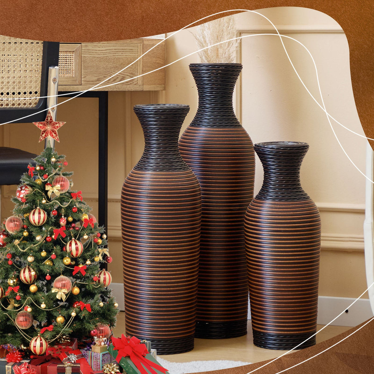 Hand-Woven PVC Rattan Vases, Set of 3