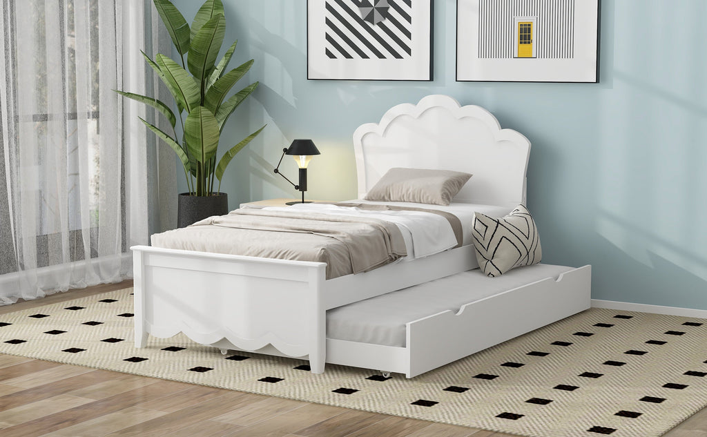 Twin Size Wood Platform Bed with Headboard and Twin Size Trundle