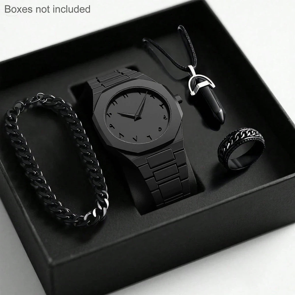 Mens Quartz Watch Necklace Bracelet Set