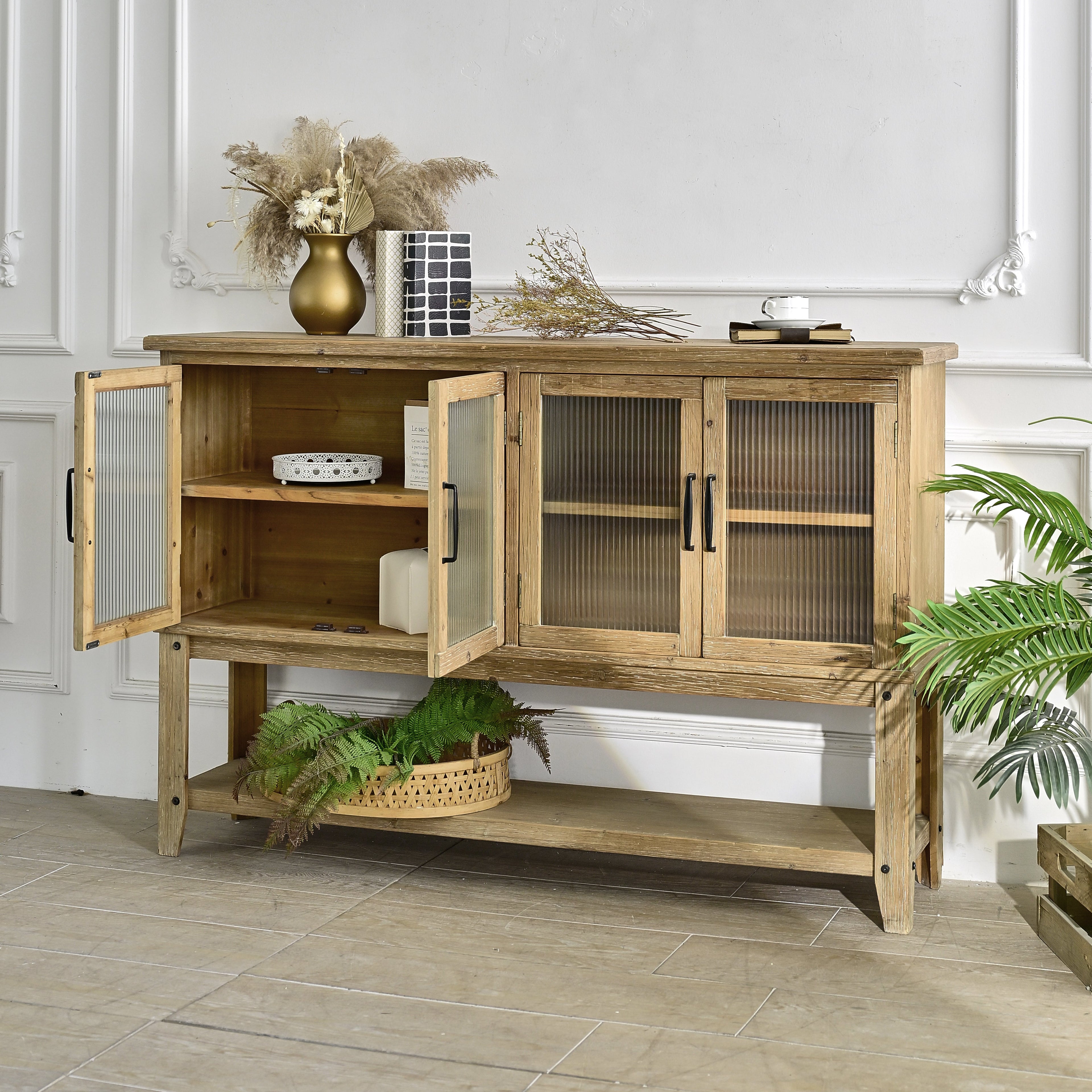 59.06" Rectangle Accent Glass Door Wooden Sideboard Cabinet