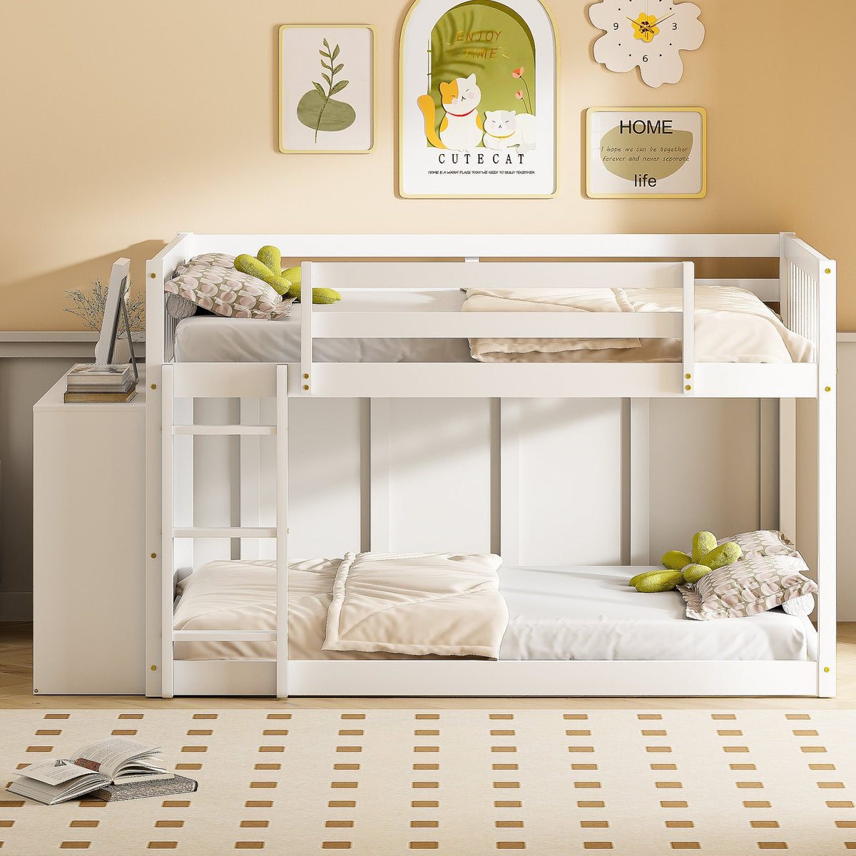 Full Over Full Bunk Bed with 4 Drawers and 3 Shelves - White