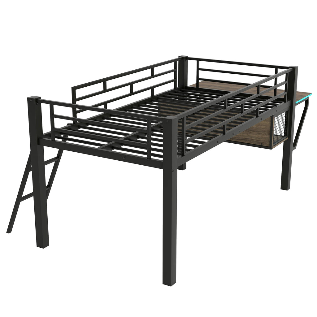 Gaming Mid Loft Bed With Desk & LED, Twin Size