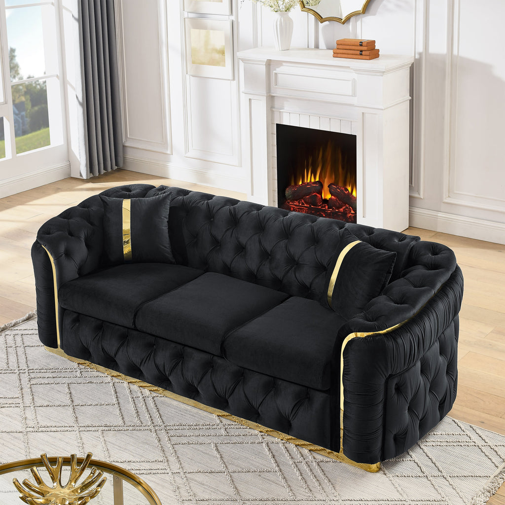 90.6 Inches Velvet Button Tufted Sofa Couch with 2 Pillows
