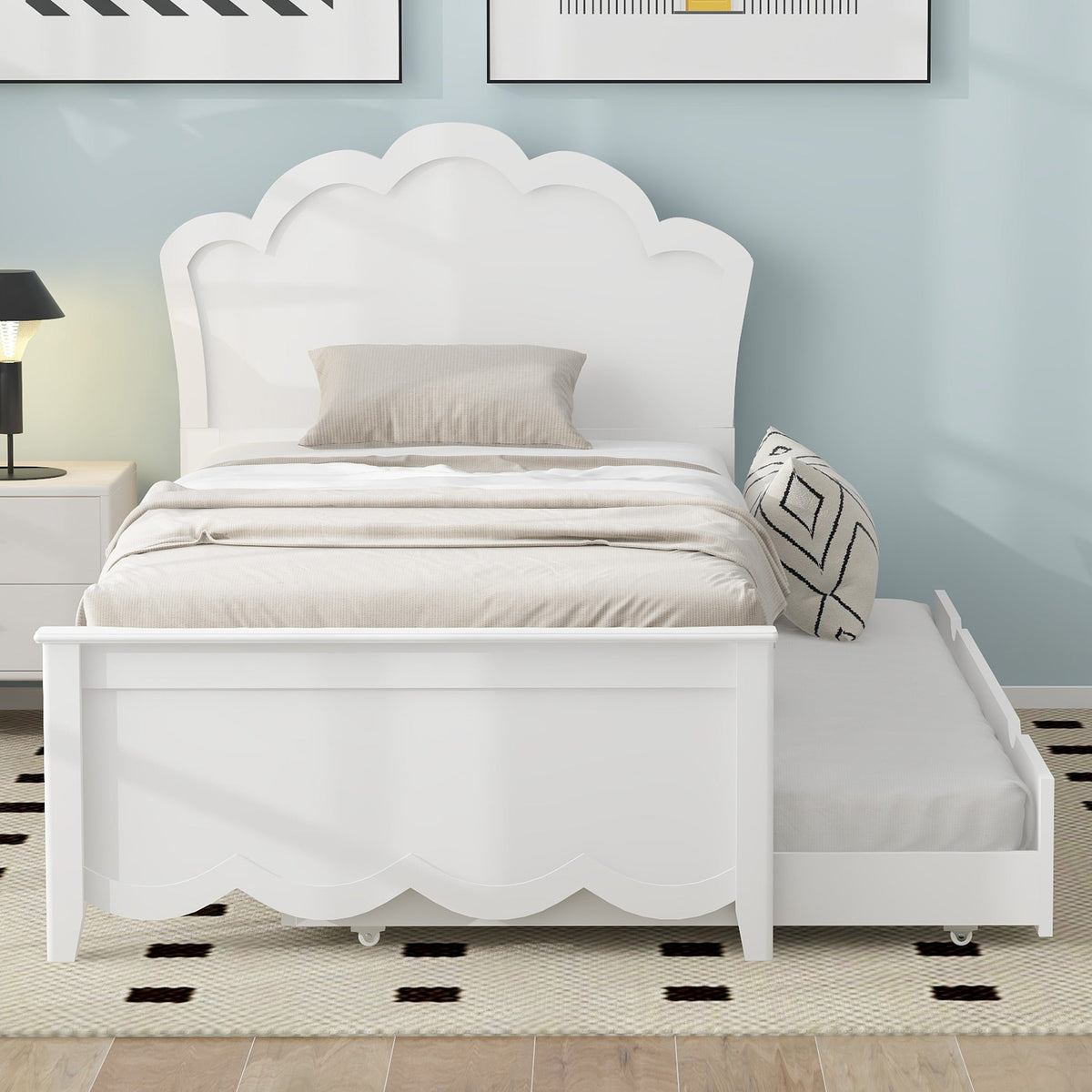 Twin Size Wood Platform Bed with Headboard and Twin Size Trundle