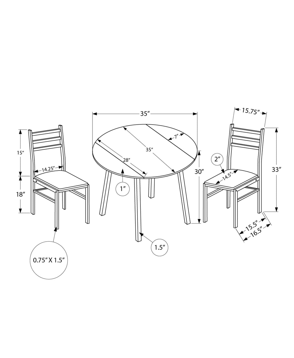 Dining Table Set, 3pcs Set, Small, 35" Drop Leaf, Kitchen