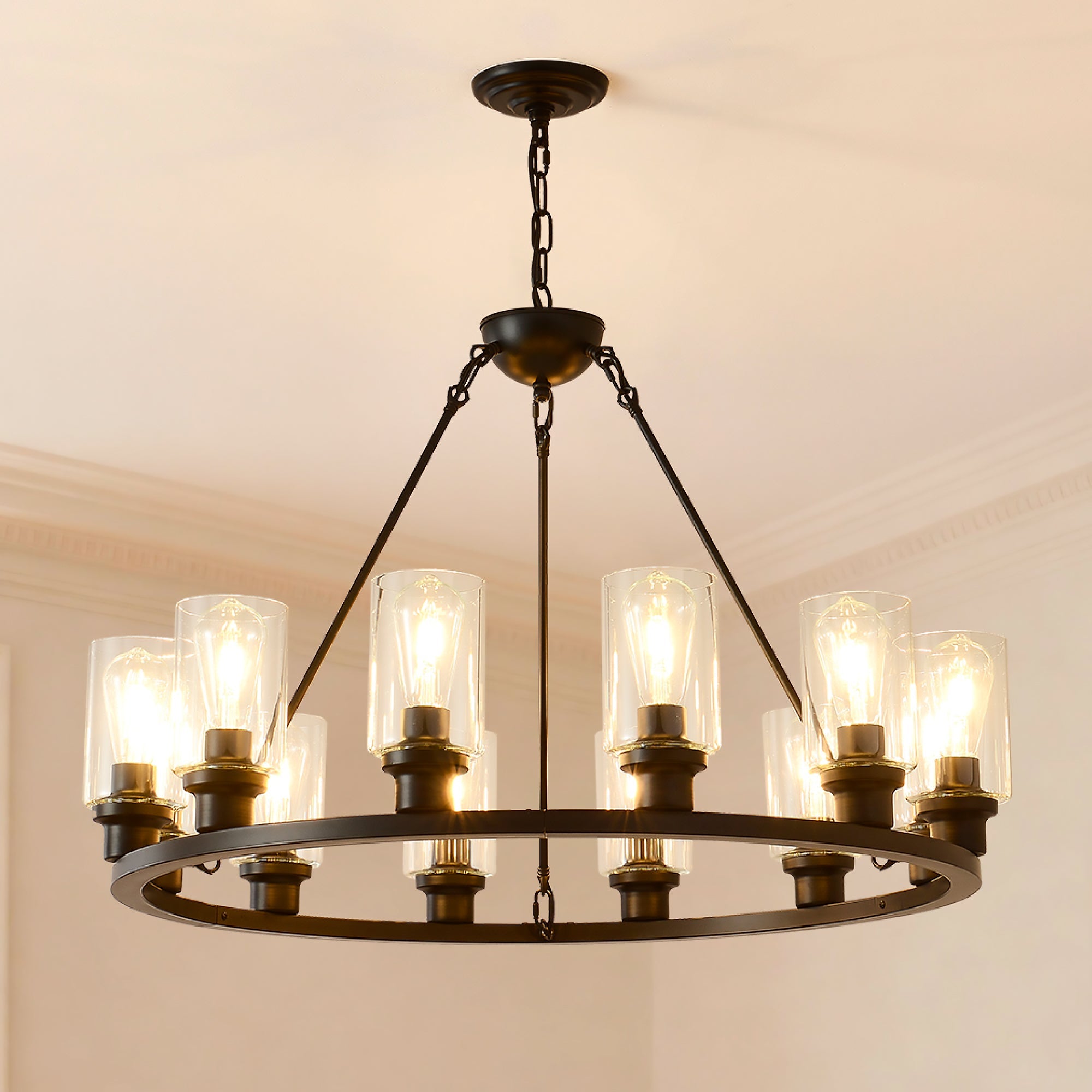 Black Wagon Wheel Chandelier - 34.5 Inch Modern Farmhouse