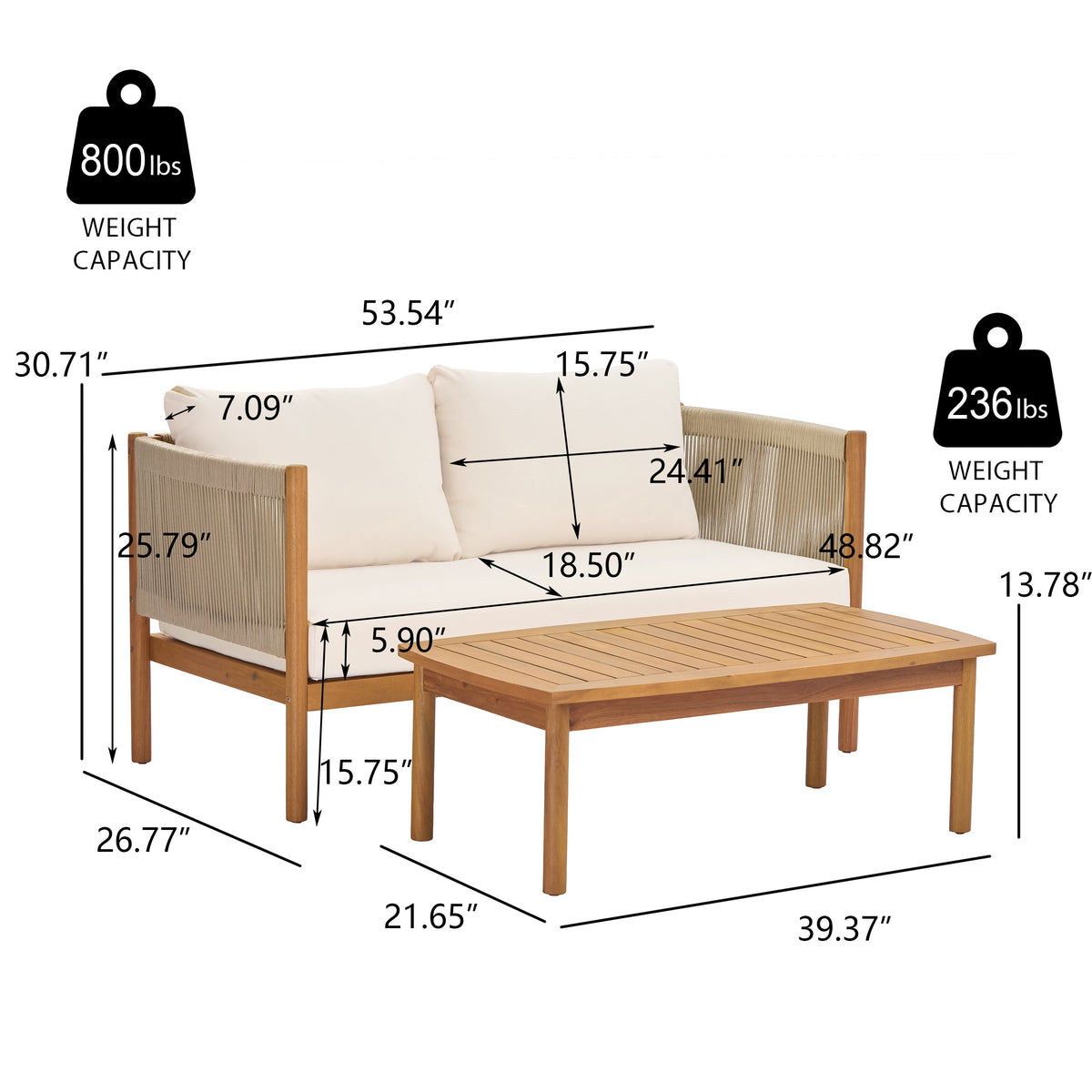 Outdoor Loveseat and Coffee Table Set with Acacia Wood Frame
