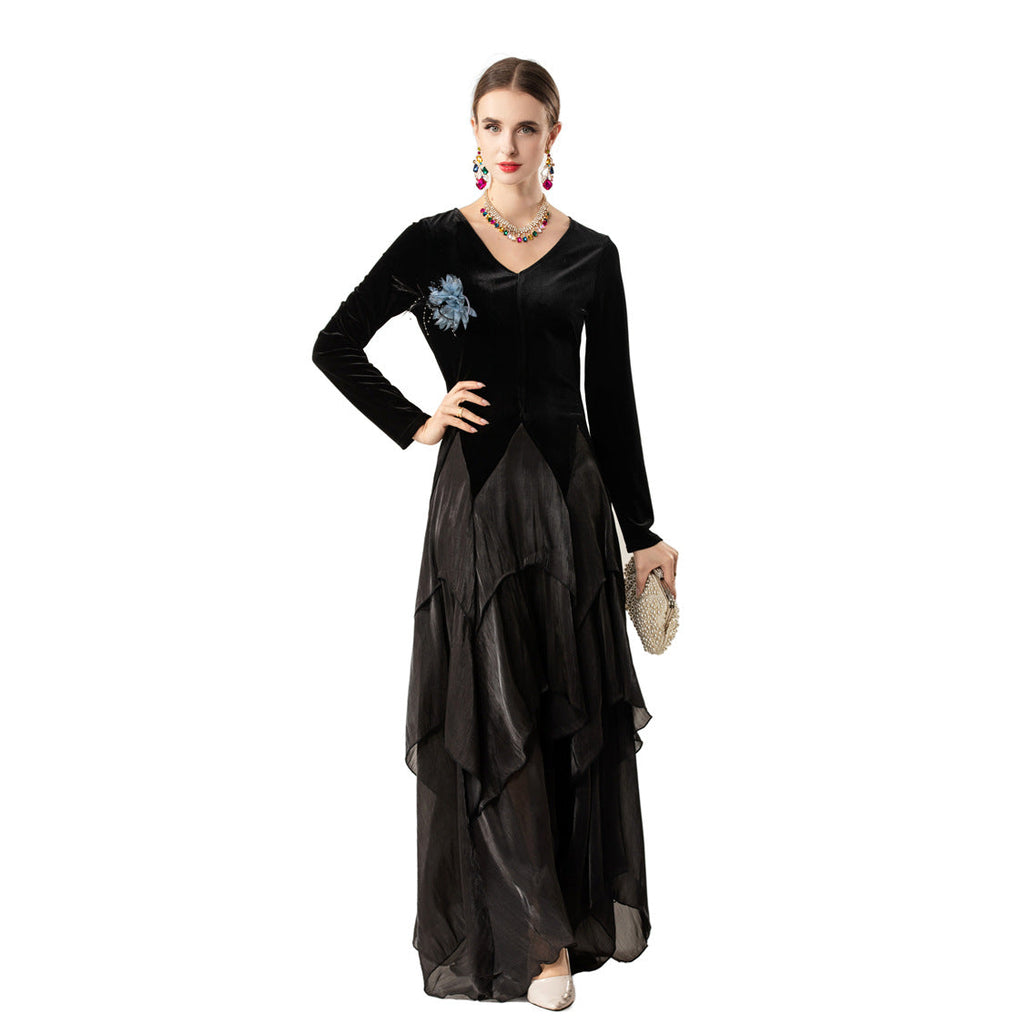Velvet Smooth V-neck Long-sleeve Patchwork Asymmetrical Hem Maxi Dress