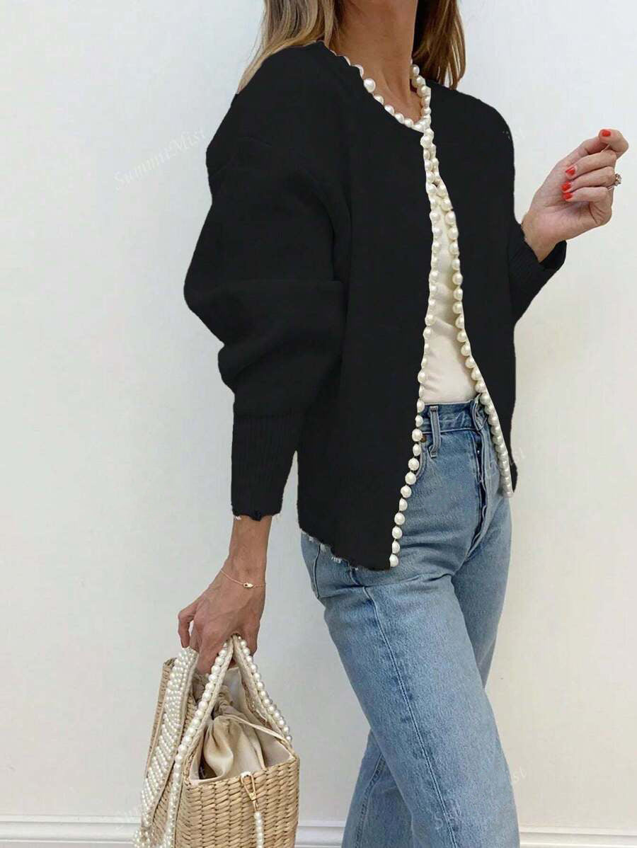 Cross-border European And American 2026 Round Neck Pearl Trim Knit Sweater Short Long Sleeve Heavy Craft Cardigan Fashion Coat For Women