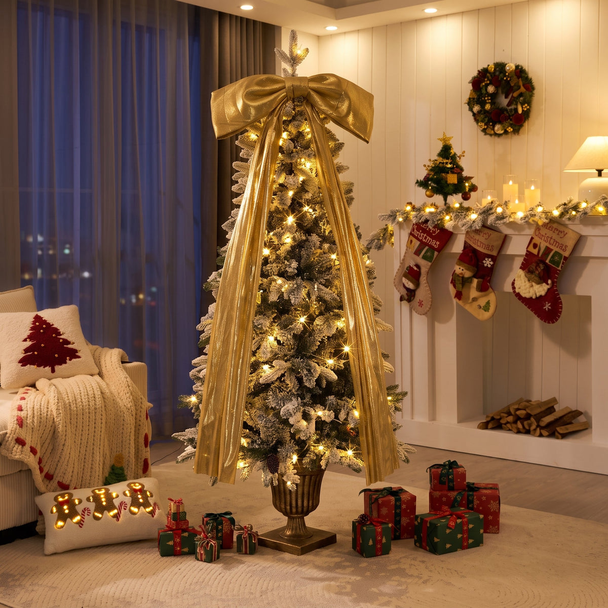 6FT Pre-Lit Flocked Christmas Tree with Real Pine Cones