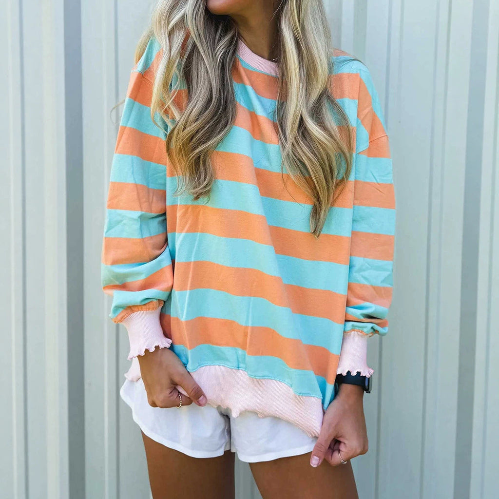 Pullover Crewneck Relaxed-fit Minimalist Striped Colorblock Sweatshirt