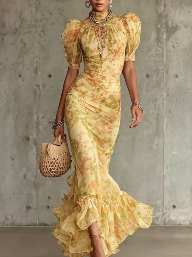 French-style Vintage Chiffon Dress, Summer High-neck Puff Sleeve, Waist-cinching, Slimming, Fishtail, Elegant, Ladylike, Vacation Long Dress