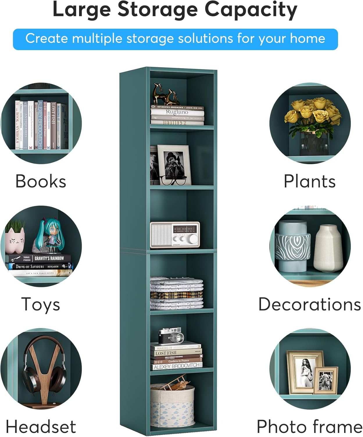 70.9" Blue 6-Tier Narrow Corner Cube Bookcase