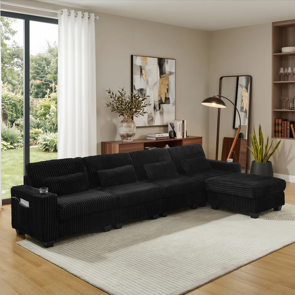 L-Shaped Corduroy Modular Sectional Sofa with Detachable Footrest